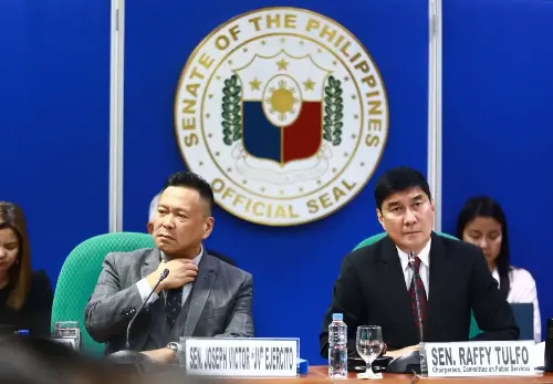 Transportation manufacturers Elmer Francisco, chairman and CEO of Francisco Motors Corporation, AR Edgardo, production supervisor of Sarao Motors, with transport leaders Mar Valbuena of Manibela and Modesto Floranda of PISTON, attend the Senate hearing of the Committee on Public Services led by Sen. Raffy Tulfo, with Senators Jose Victor Ejercito, Francis Tolentino and Senate President Francis Escudero, in Pasay City, on July 23, 2024. PHOTOS BY MIKE ALQUINTO
