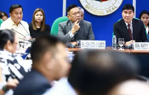 Transportation manufacturers Elmer Francisco, chairman and CEO of Francisco Motors Corporation, AR Edgardo, production supervisor of Sarao Motors, with transport leaders Mar Valbuena of Manibela and Modesto Floranda of PISTON, attend the Senate hearing of the Committee on Public Services led by Sen. Raffy Tulfo, with Senators Jose Victor Ejercito, Francis Tolentino and Senate President Francis Escudero, in Pasay City, on July 23, 2024. PHOTOS BY MIKE ALQUINTO
