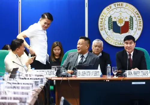 Transportation manufacturers Elmer Francisco, chairman and CEO of Francisco Motors Corporation, AR Edgardo, production supervisor of Sarao Motors, with transport leaders Mar Valbuena of Manibela and Modesto Floranda of PISTON, attend the Senate hearing of the Committee on Public Services led by Sen. Raffy Tulfo, with Senators Jose Victor Ejercito, Francis Tolentino and Senate President Francis Escudero, in Pasay City, on July 23, 2024. PHOTOS BY MIKE ALQUINTO
